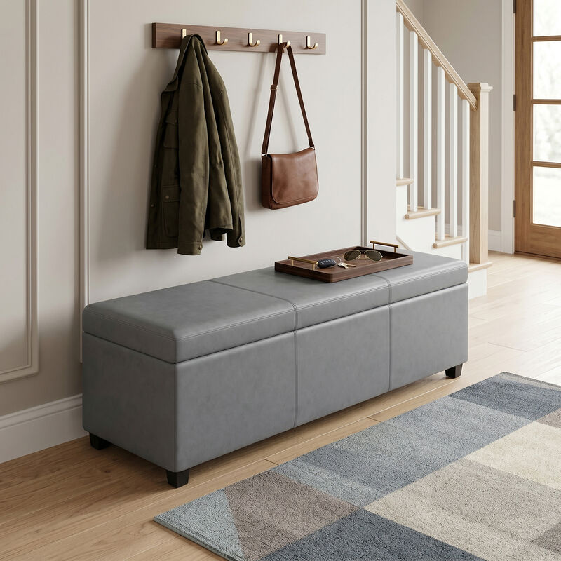 Avalon 54 inch Wide Contemporary Rectangle Extra Large Storage Ottoman Bench in Stone Grey PU faux leather, Assembled image number 1
