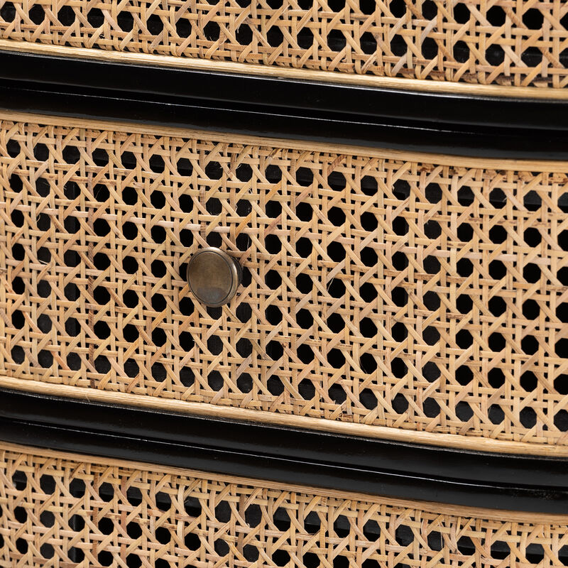 Bali & Pari Nabila Modern Black Bayur Wood and Natural Rattan 3-Drawer End Table Nightstand
