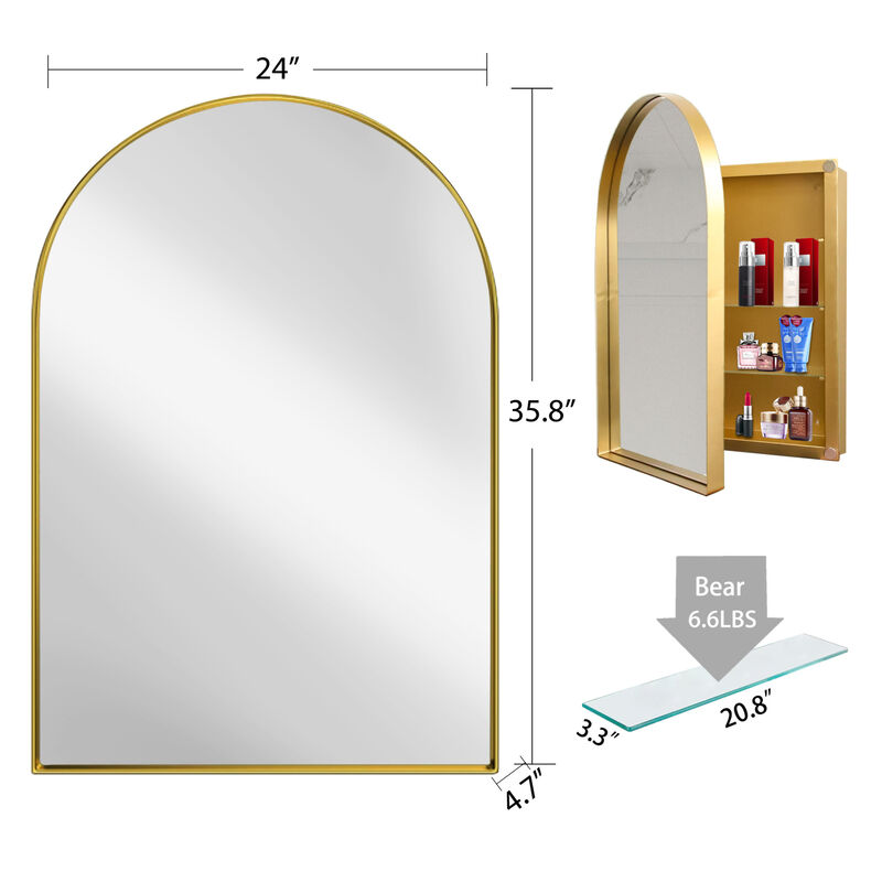 ELEMENT ACE 24x36 Inch Arched Recessed Medicine Cabinet with Adjustable Shelves and Metal Frame image number 7