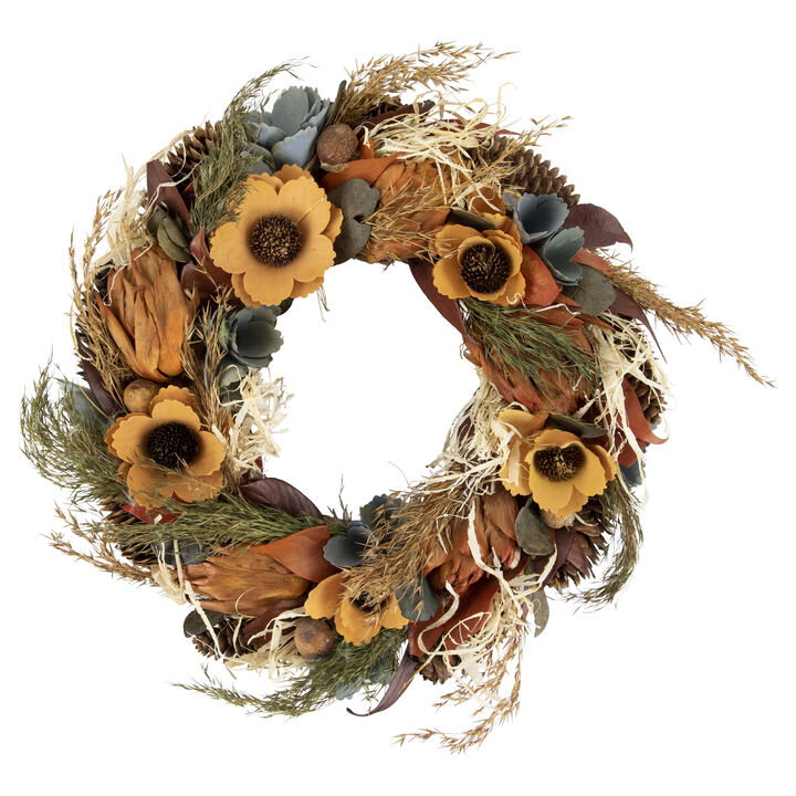 Sunflower and Straw Artificial Fall Harvest Wreath  12-Inch  Unlit