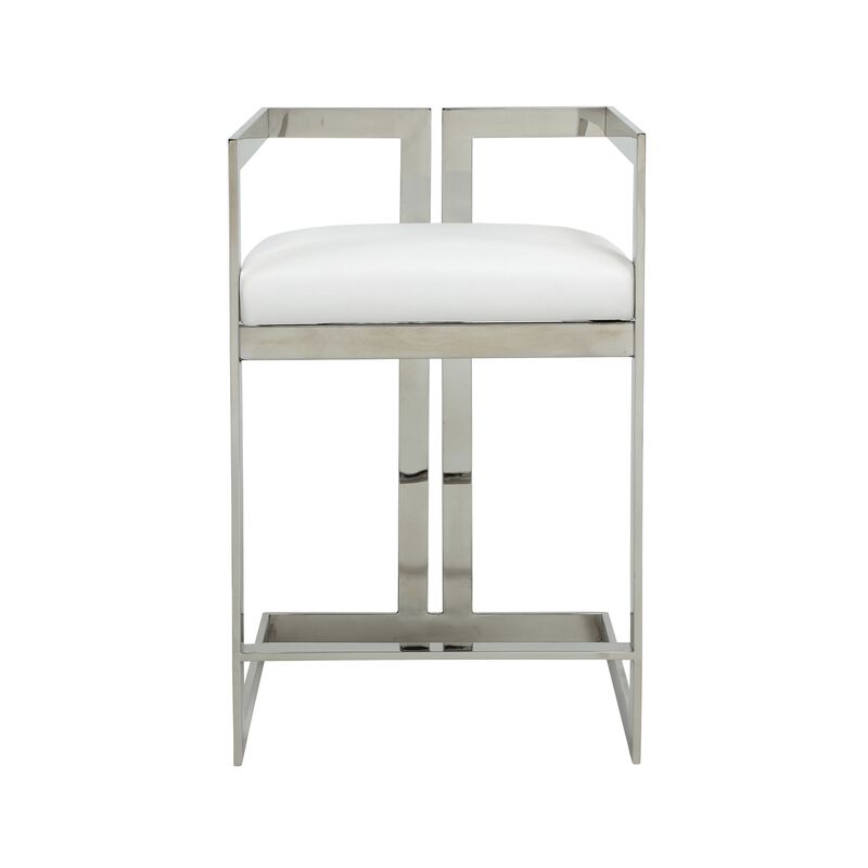 Suki 26 Inch Counter Stool Chair, White Faux Leather, Stainless Steel - Benzara