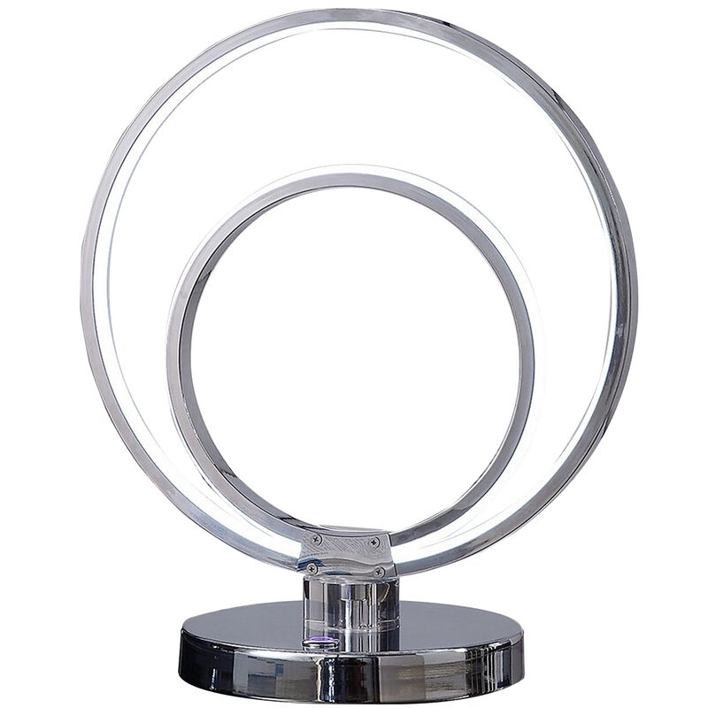 14 Inch Table Lamp, Modern Ring LED Light, Round Metal Base, Silver - Benzara