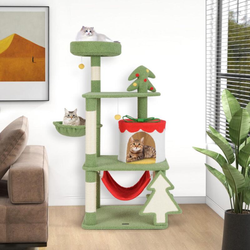 Hivvago Cute Christmas Cat Tree with Sisal Scratching Posts and Gift Box Shaped Condo