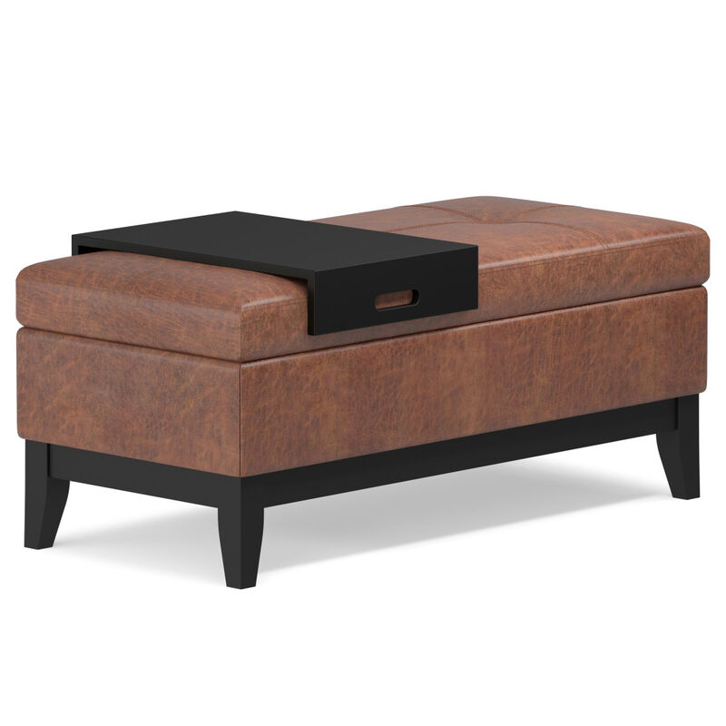 HomeRoots 42" Black and Dark Brown Tufted Faux Leather and Solid Wood Upholstered Storage Bench With Tray image number 2