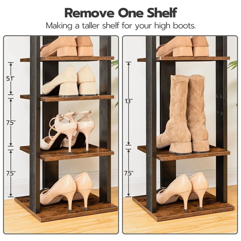 Vertical Shoe Storage Rack with 8 Tiers and Side Hooks for Organization- Brown image number 6