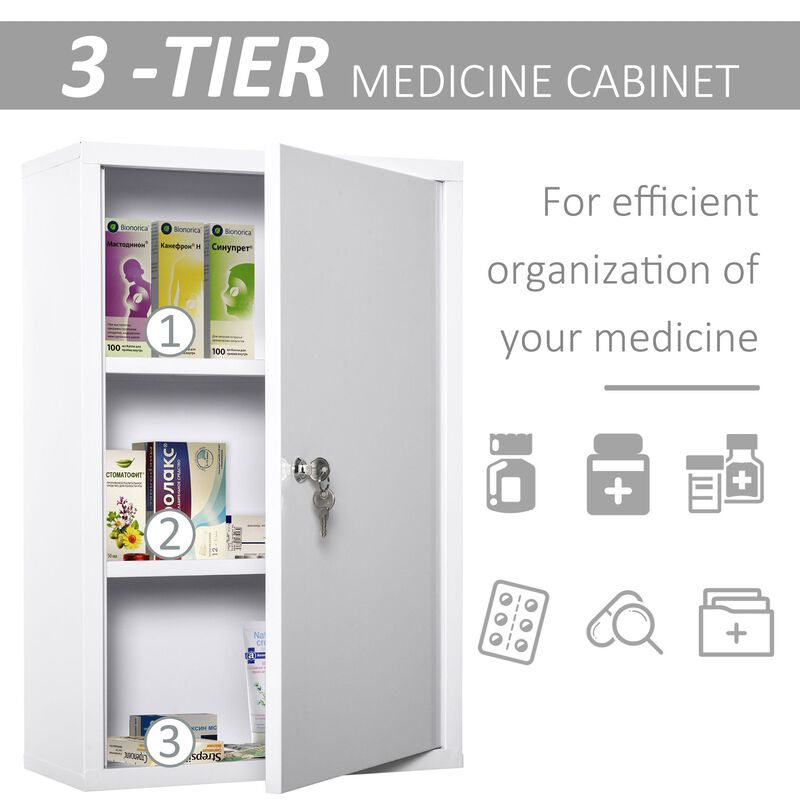 White Medicine Cabinet: 24x16 Steel Wall Mount with 3-Tier Storage