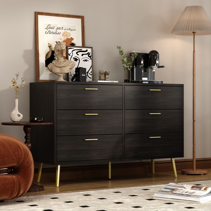47.2&rdquo; 6 Drawer Dresser, Modern 6-Drawer Chest with Gold Metal Handles, Bedroom Dresser with Gold Metal Legs, for Living Room Entryway (47.2&rdquo;W x 15.7&rdquo;D x 30.1&rdquo;H)