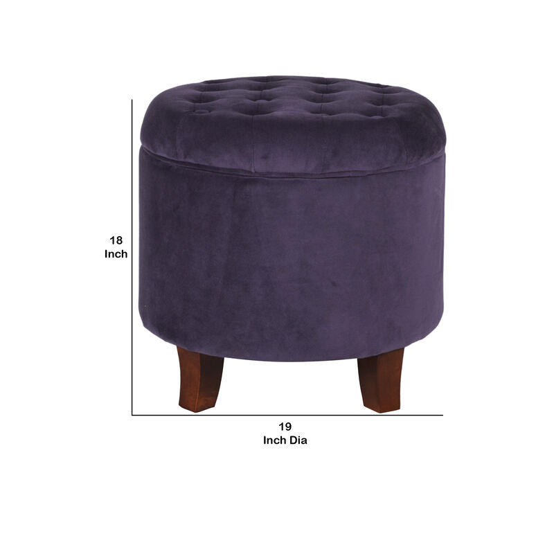 Button Tufted Velvet Upholstered Wooden Ottoman with Hidden Storage, Purple and Brown - Benzara