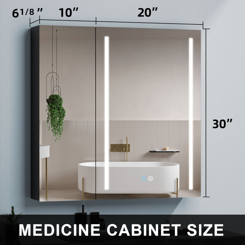 30x30 inch LED Bathroom Medicine Cabinet Surface Mount Double Door Lighted Medicine Cabinet, Medicine Cabinets for Bathroom with Mirror Defogging, Dimmer Black