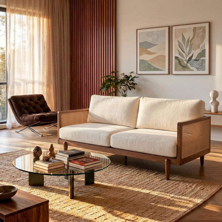 Merax Vintage Rattan Woven Fabric Sofa