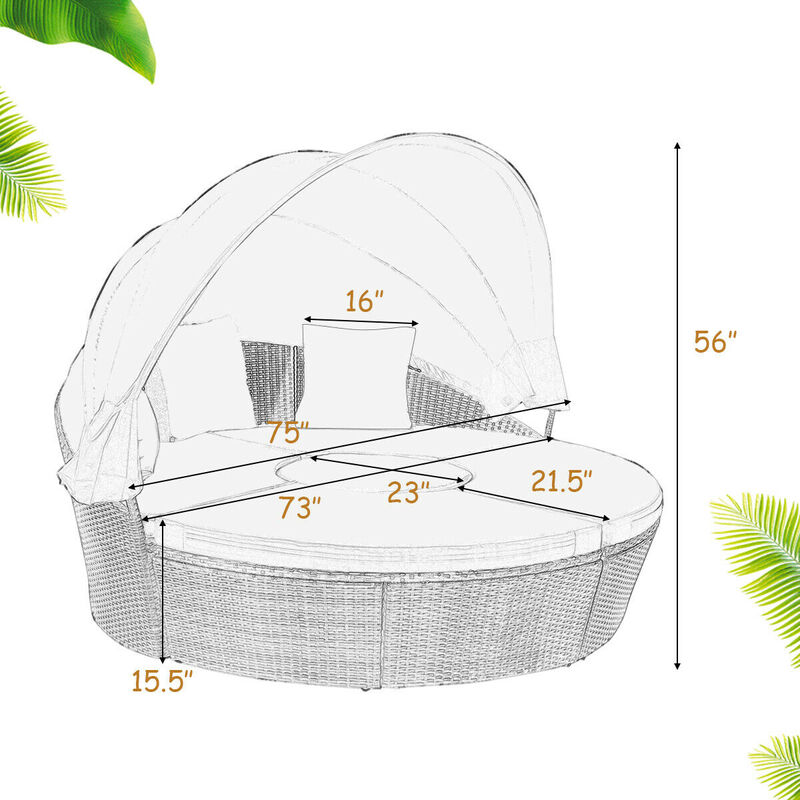 Patio Round Rattan Daybed with Retractable Canopy and Height Adjustable Coffee Table image number 4