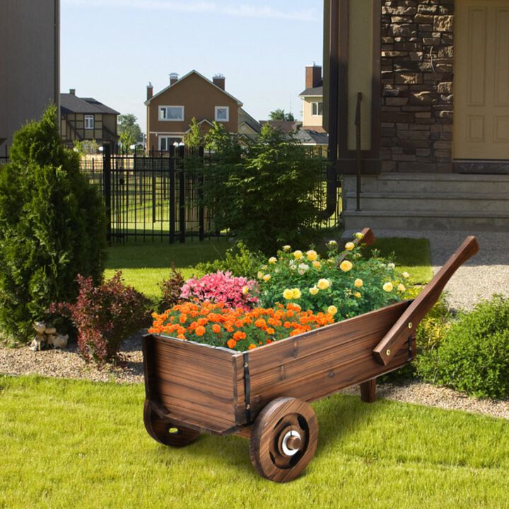 Hivvago Wooden Wagon Planter Box with Wheels Handles and Drainage Hole-Rustic Brown