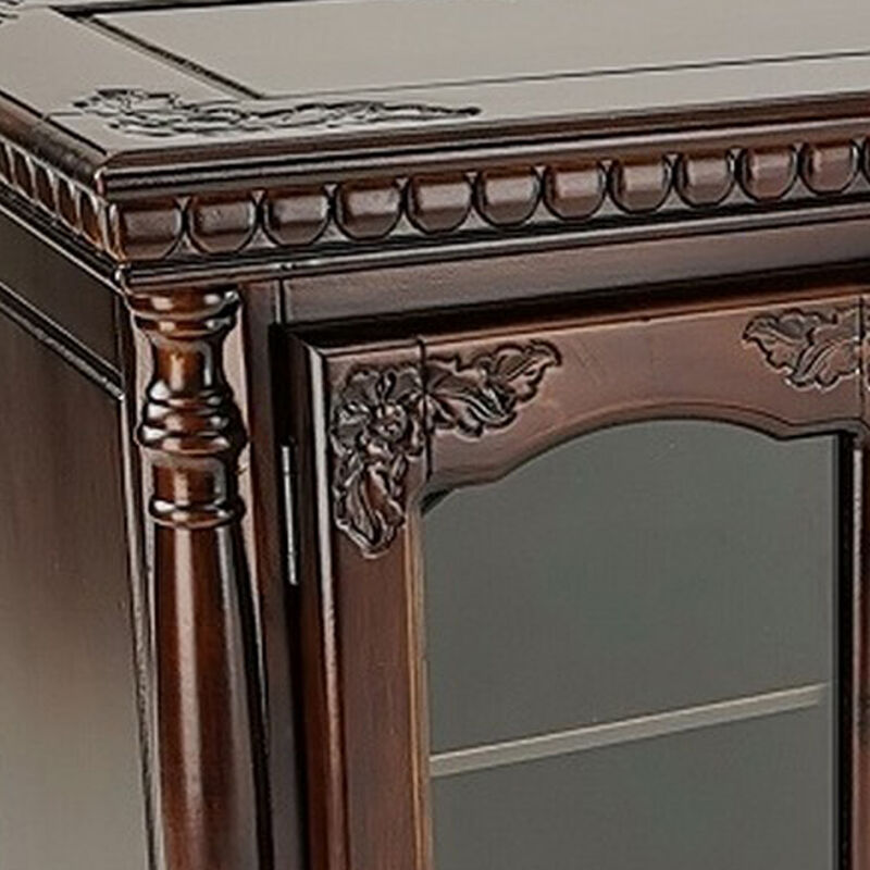 TV Stand with 4 Glass Doors and Turnip Feet, Brown - Benzara