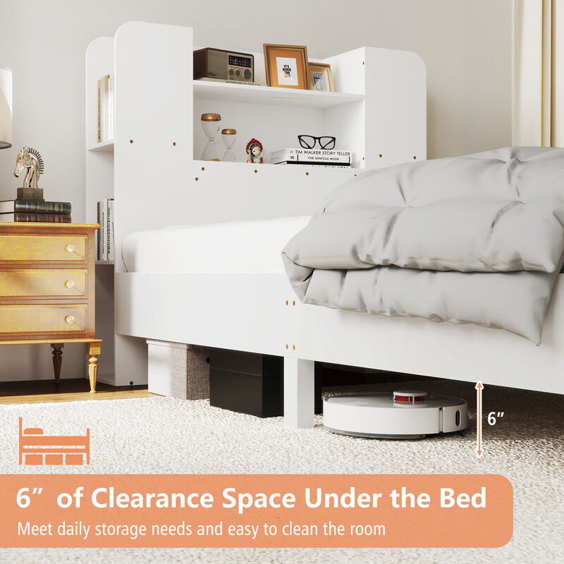 Wooden Platform Bed Frame with Bookcase Headboard