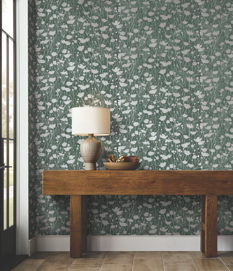 Shimmering Poppies Green Wallpaper (Double Roll) image number 4