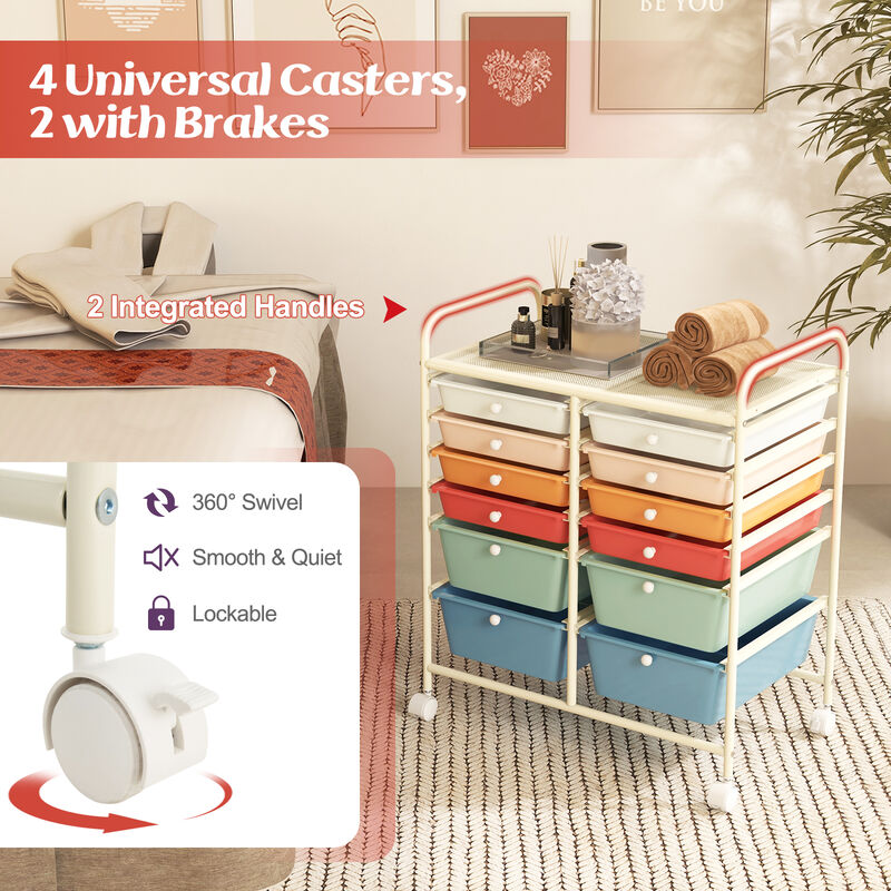 12-Drawer Rolling Organizer Cart with Lockable Wheels and Smooth Glide Drawers
