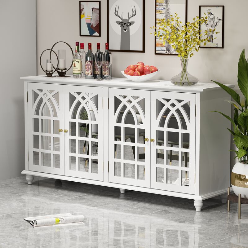 White Wooden 63 in. W, Mirrored Accent Strorage Cabinet, Sideboard with 4 Shelves and 4 Elegant Feet