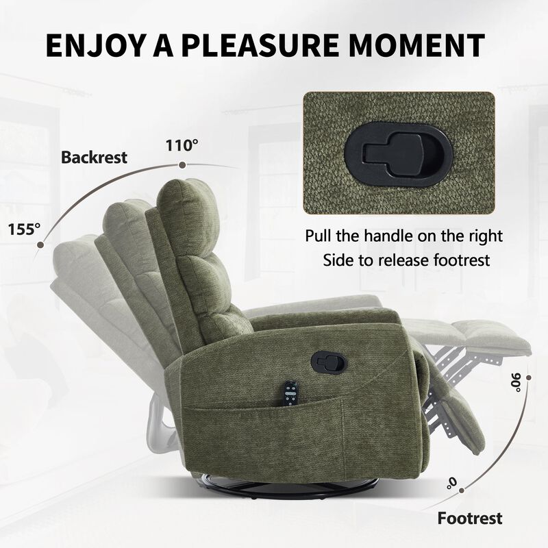 Chenille Manual Recliner Chair Swivel Rocker Recliner with Heat & Massage image number 4