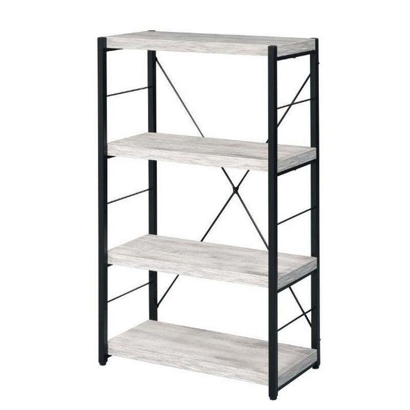 Industrial Bookshelf with 4 Shelves and Open Metal Frame, White and Black-Benzara