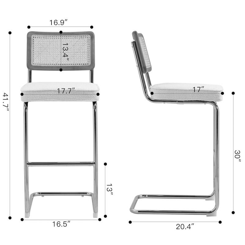 Glamour Home Set of 2 White Boucle Fabric Bar Stool Rattan Backrest and Silver Steel Legs
