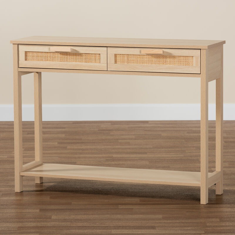 Baxton Studio Sebille Mid Century Light Brown Finished 2 Drawer Console Rattan Table image number 8