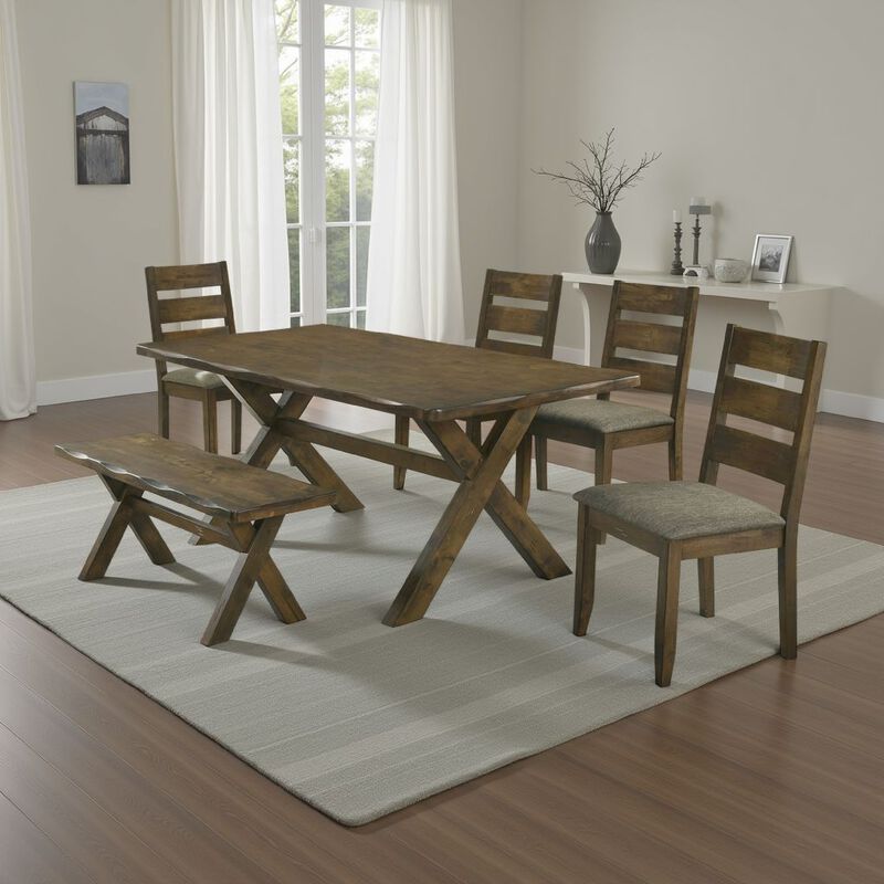 Siny 6pc Dining Table Set, Nutmeg Brown Finish, 4 Padded Chairs and Bench - Benzara