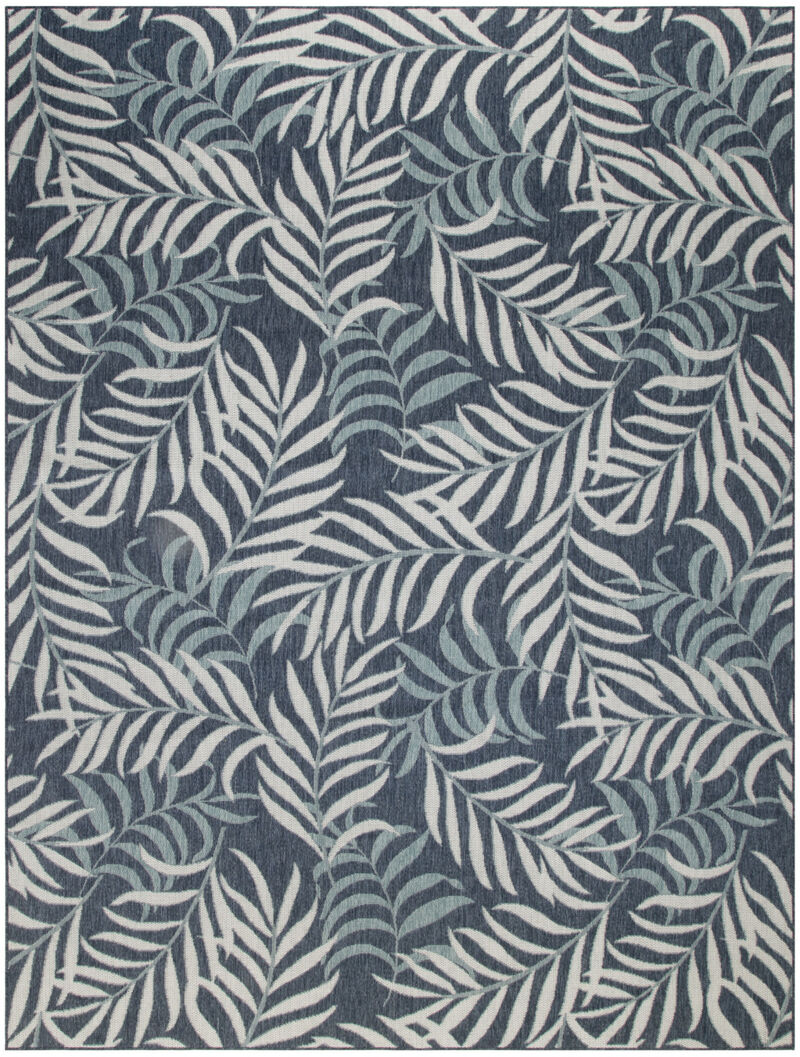 HomeRoots 8' X 10' Navy Blue Sky Blue And Ivory Palm Leaf Indoor Outdoor Area Rug image number 0