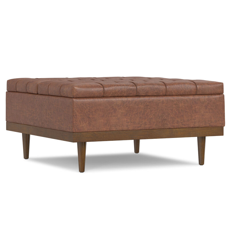 Mariah 36 inch Wide Contemporary Rectangle Lift Top Table Storage Ottoman in Distressed Saddle Brown  Vegan Faux Leather, Assembled