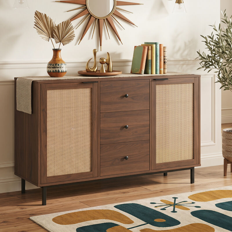 Farmhouse Sideboard Buffet Cabinet with 2 Rattan Doors and 3 Drawers image number 5