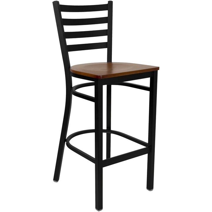 Flash Furniture HERCULES Series Black Ladder Back Metal Restaurant Barstool - Cherry Wood Seat