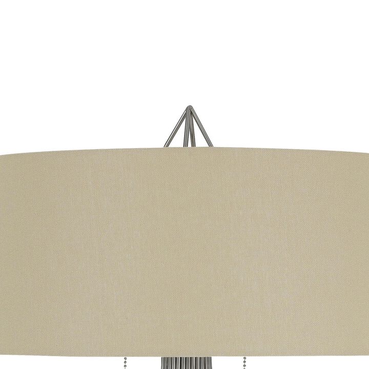 Geometric Body Metal Table Lamp with Fabric Drum Shade, Silver and Beige-Benzara