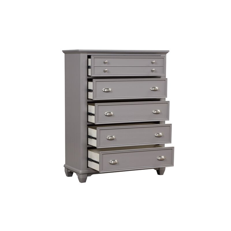Limi Tall Dresser Chest, 5 Drawers, Light Gray Solid Acacia Wood - Benzara