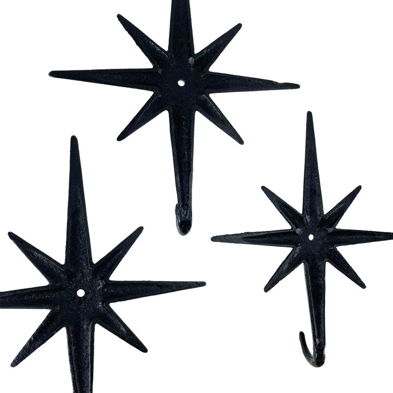 Set of 3 Cast Iron Atomic Starburst Wall Hooks &ndash; Mid-Century Modern Design, Black Finish, 9" High, 7.25" Long, Durable and Stylish for Organizing Coats, Hats, Keys, and More image number 3