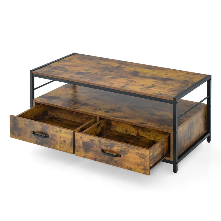 Coffee Table with 2 Drawers and Open Shelf for Living Room-Rustic Brown