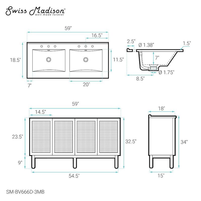 60" Freestanding Bathroom Vanity with 3-Hole Widespread Sink Top image number 4