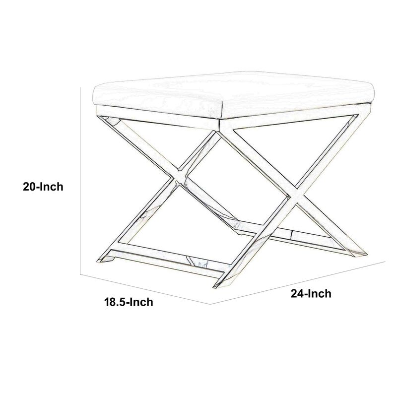 Sovi 20 Inch Ottoman Stool, White Faux Leather Seat, Stainless Steel Frame, Gold - Benzara