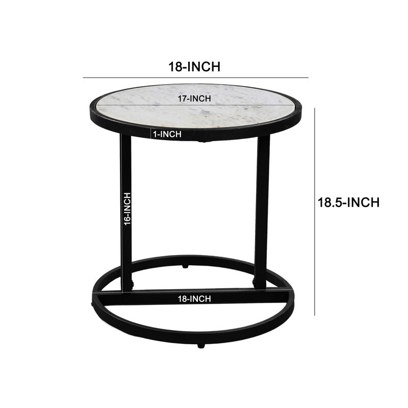 Beri 18 Inch Side End Table, Round White Natural Marble Top, Classic Slim Black Iron Frame