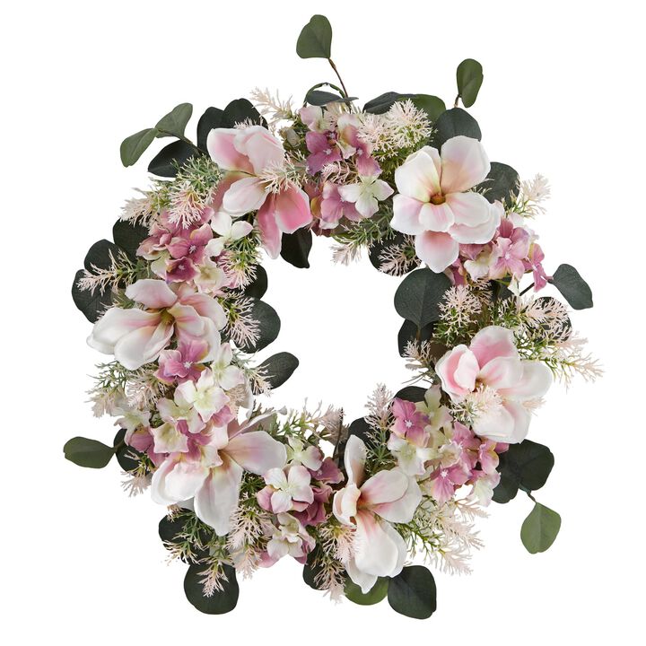 Nearly Natural 20-in Hydrangea and Magnolia Artificial Wreath