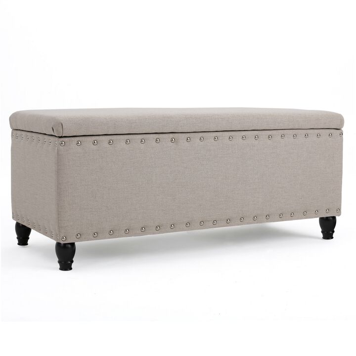 Sharon Storage Ottoman Bench, Beige Fabric, Nailhead Trim, 42 Inch - Benzara