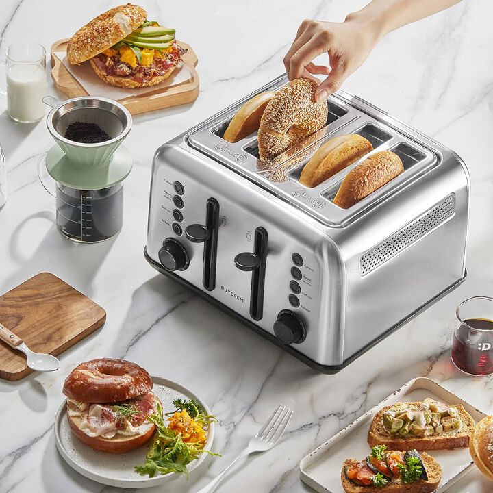 BUYDEEM DT640 4-Slice Toaster, Extra Wide Slots, Retro Stainless Steel with High Lift Lever, Bagel and Muffin Function, Removal Crumb Tray, 7-Shade Settings (Stainless Steel)