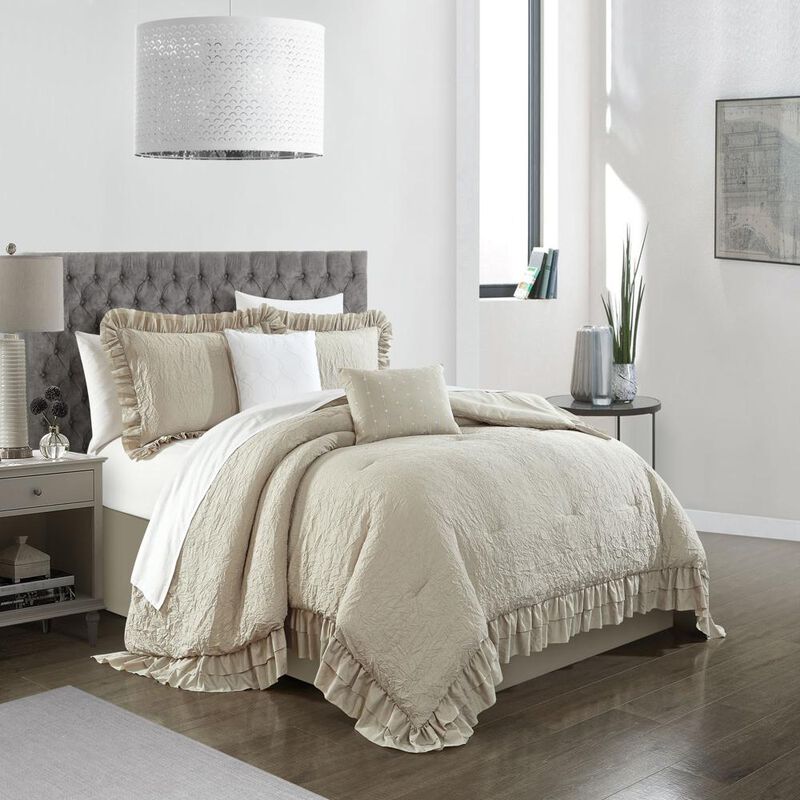 Chic Home Kensley Comforter Set Washed Crinkle Ruffled Flange Border Design Bed In A Bag Beige, Twin