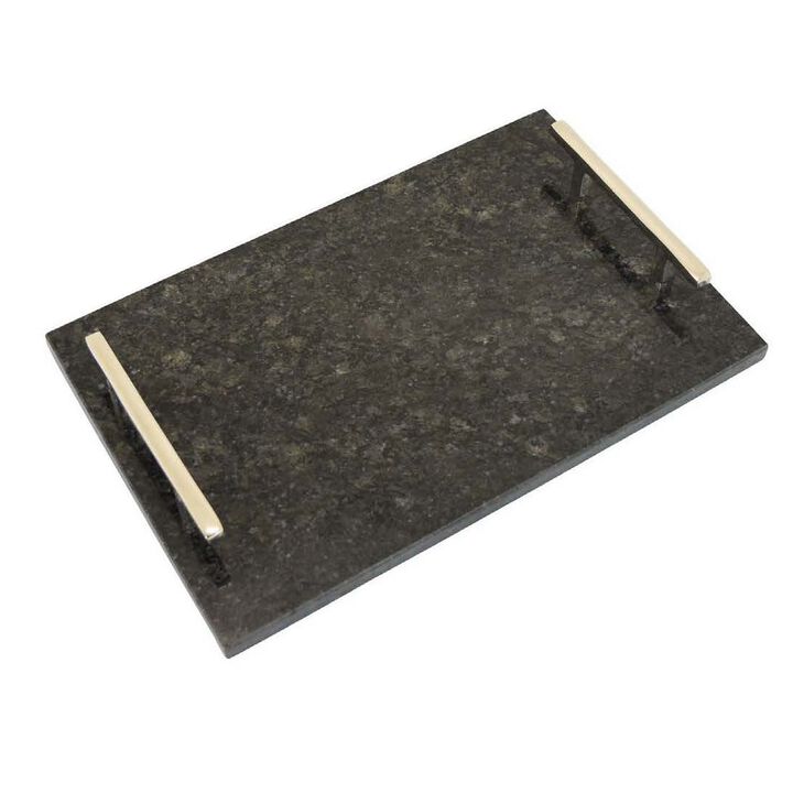 Entro Tray Set of 2, Rectangular Shape, 2 Gold Handles, Black Finish Marble - Benzara