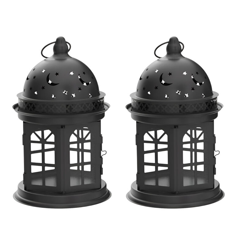 HomeRoots Set of Two Black Metal Celestial Tabletop Lantern Candle Holders image number 0