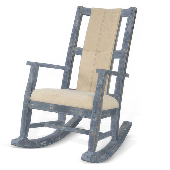 Rena Rocking Chair, Cushion Seat and Back, Blue Mahogany Mindy Wood - Benzara