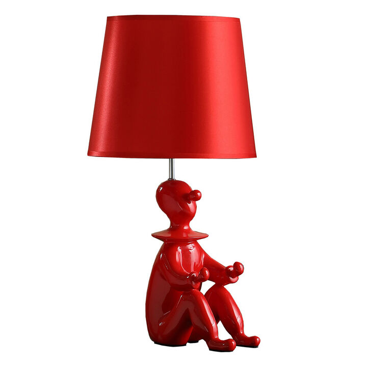 Fabric Shade Table Lamp with Polyresin Sitting Clown Base, Red - Benzara