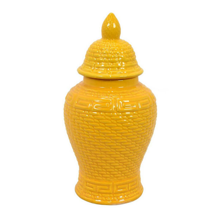 Bryan 13 Inch Ceramic Temple Jar, Geometric Print, Finial Top, Yellow - Benzara