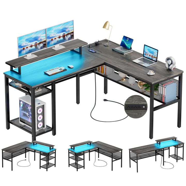 Unikito L Shaped Computer Desk with Magic Power Outlets and Smart LED Light, Reversible 55 Inch Corner Office Desk with Monitor