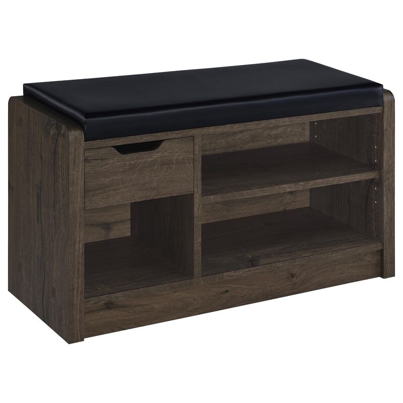 Aryn Storage Bench, Adjustable Shelf, Black Faux Leather, Dark Brown - Benzara