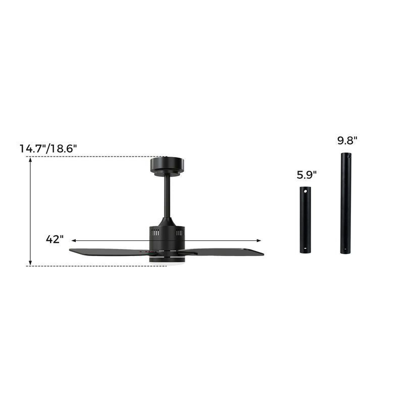 Black 42" Ceiling Fan with Light, 6 Speeds, Remote, 3CCT LED & 4H Timer image number 2