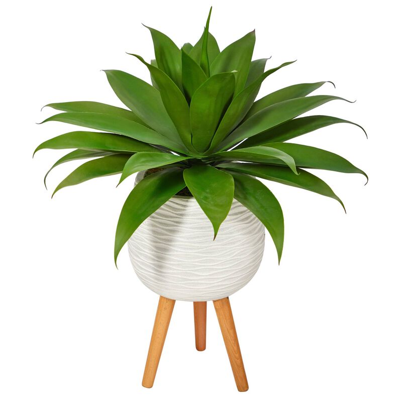 Nearly Natural 33-in Agave Succulent Plant in White Planter with Stand